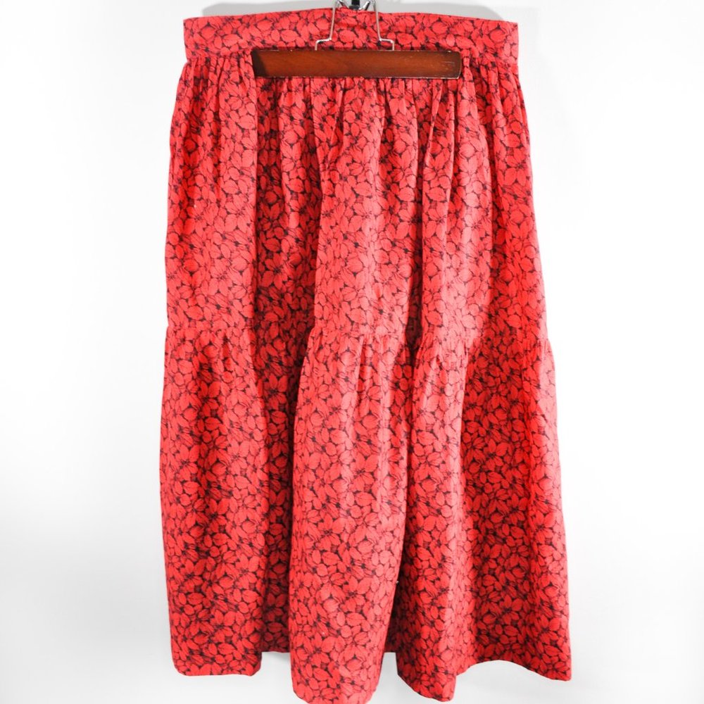 Vintage 1950s Red, Tiered Leaf print Midi Skirt